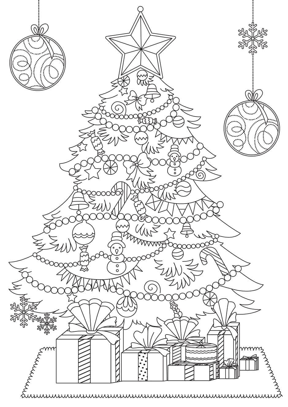 Desenho para colorir com tigre bonito, árvore de Natal e papagaio