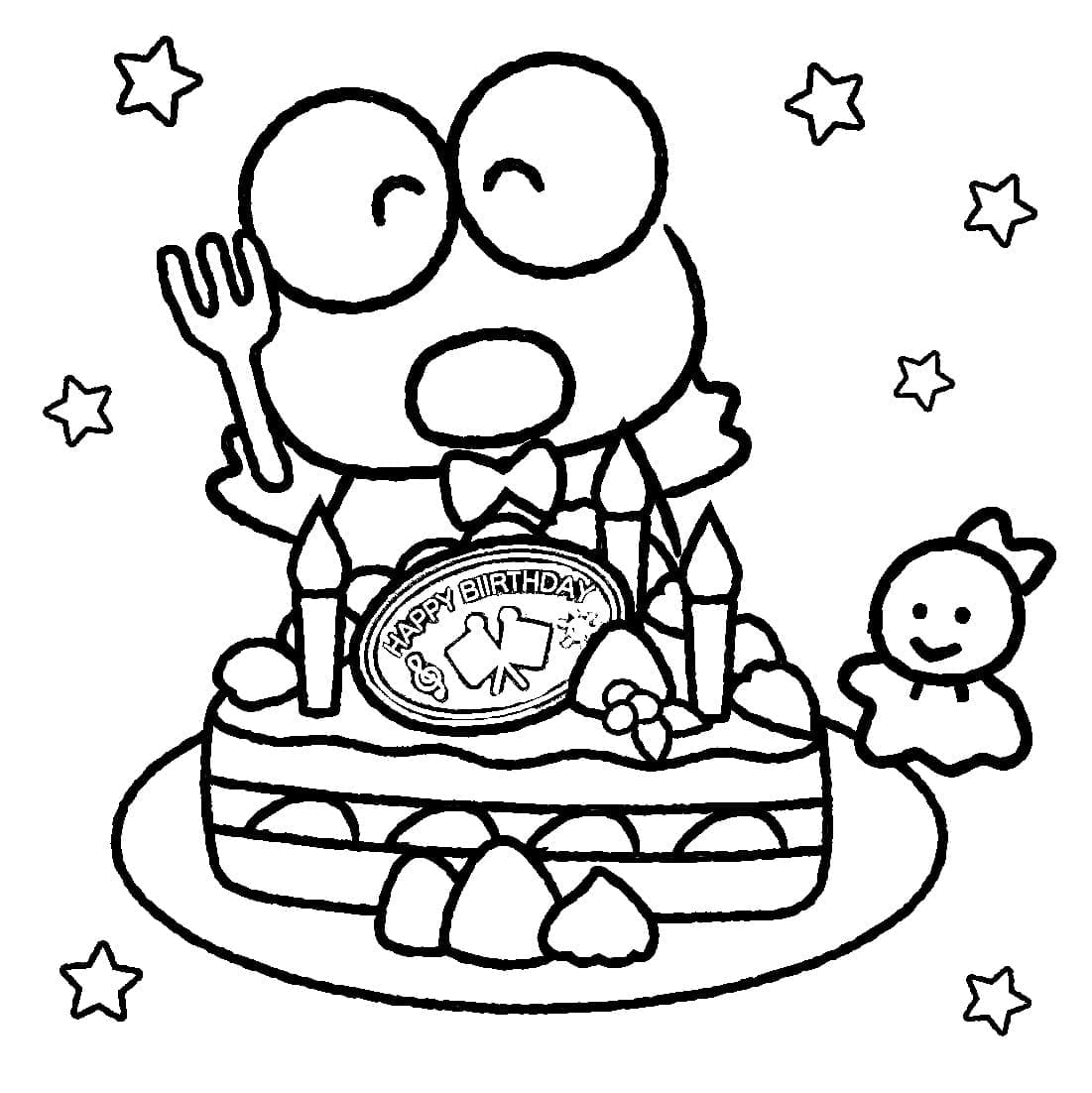desenho de keroppi com bolo de aniversario para colorir