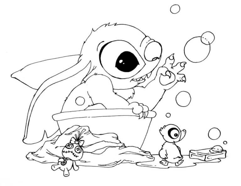desenho de stitch tomando banho para colorir