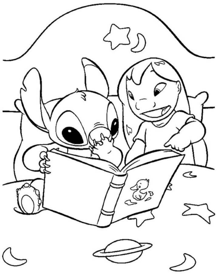imagem de stitch e lilo lendo livro para crianças para colorir